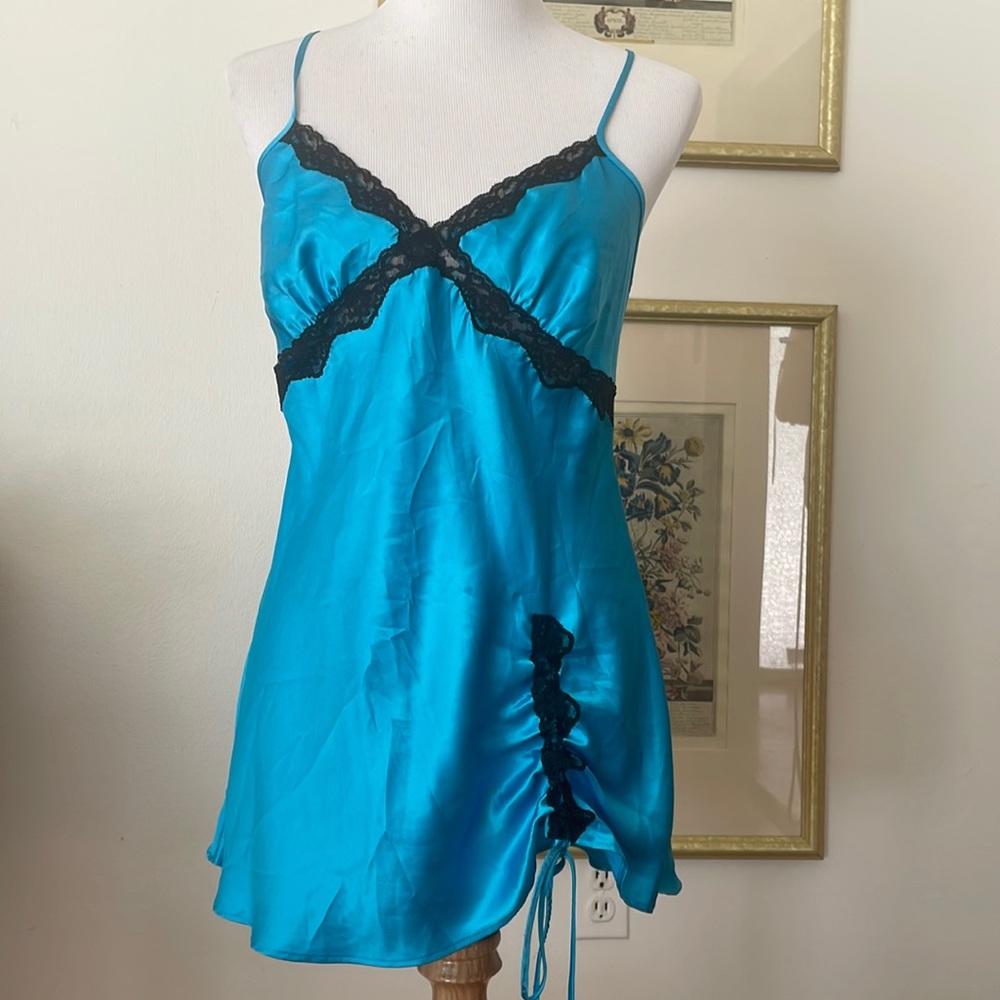 Y2k Victorias Secret bright blue babydoll with black lace slip dress lingerie